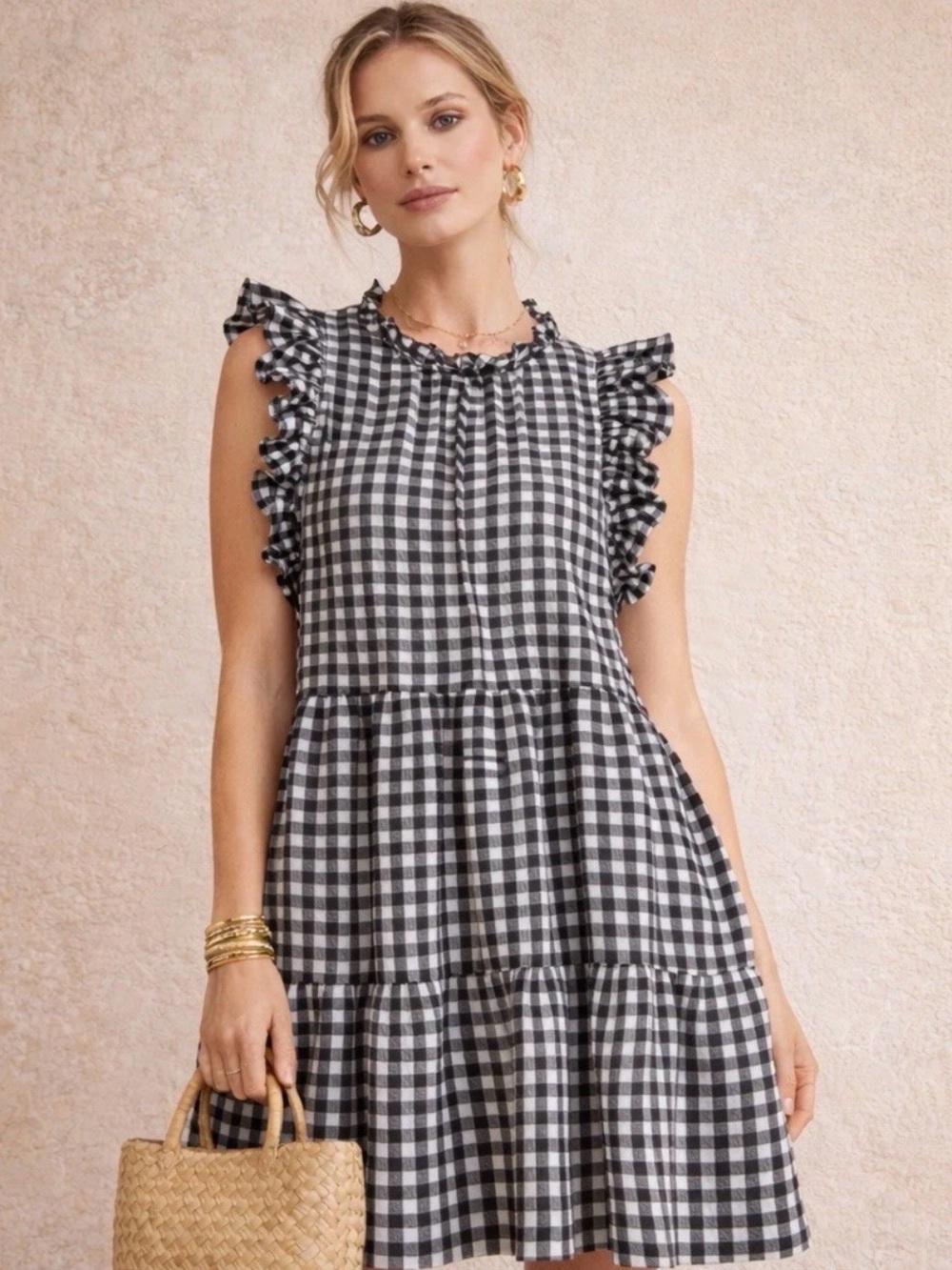 Anthropologie Maeve Lida ruffled mini dress in black and white gingham check
